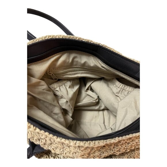 Y2K Era Woven Tote Bag Straw-Look with Brown Faux Leather Handles – 60% Cotton 4 - Picture 4 of 4